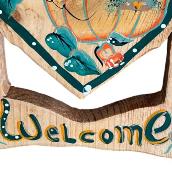 Vintage Folk Art Welcome Sign | Hand Painted Pumpkin Wall Decor with Hanger - Picture 6 of 10